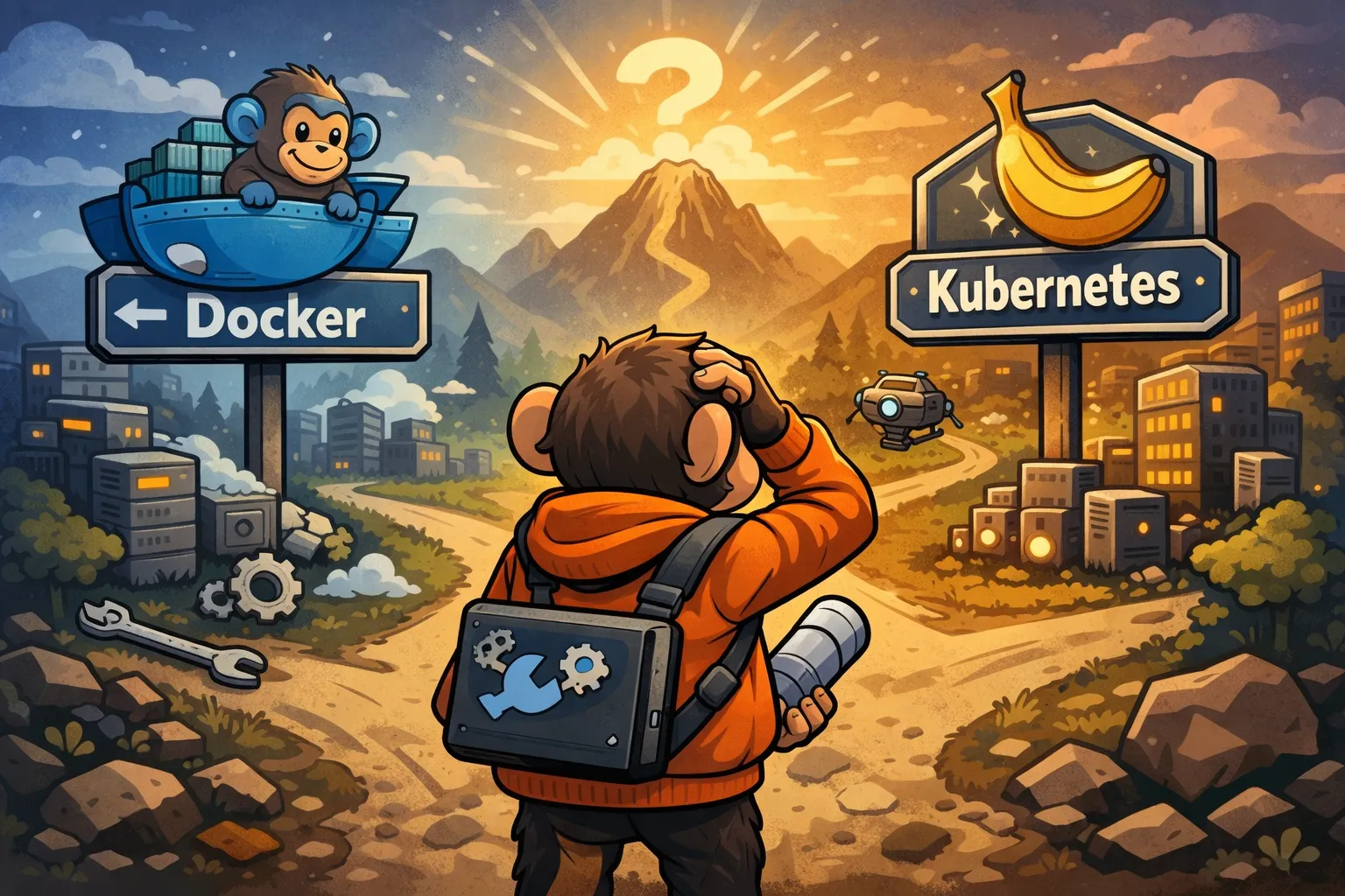 Illustration of a DevOps engineer choosing between different technology paths