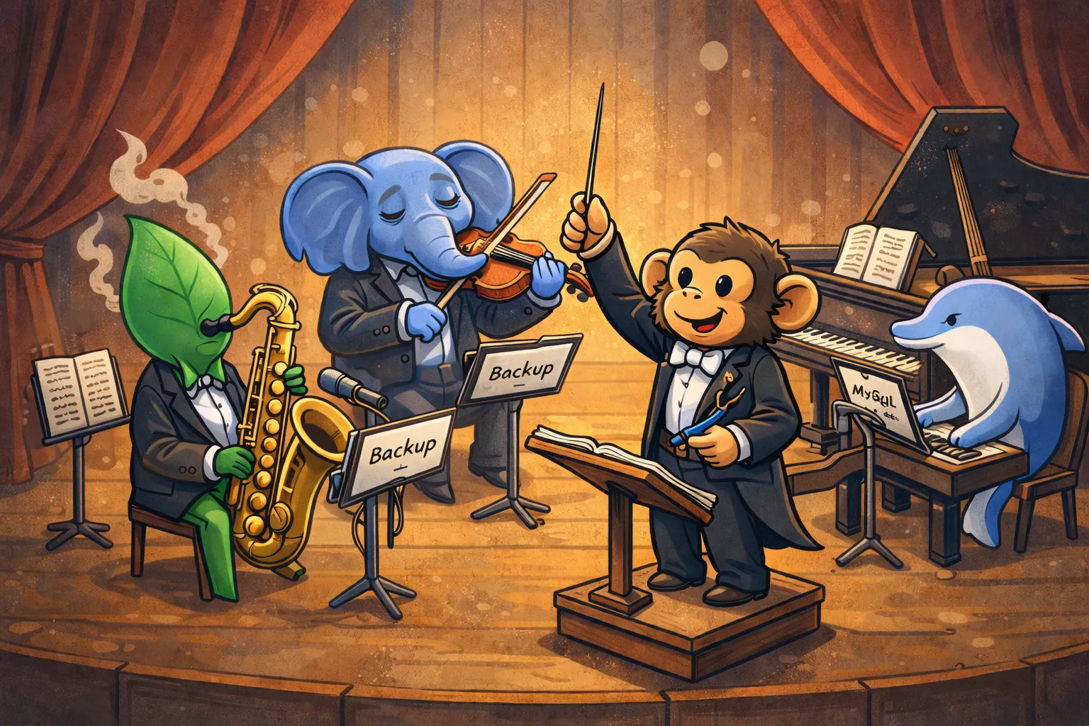 A cartoon monkey orchestra conductor leads three database musicians: MongoDB playing saxophone, PostgreSQL playing violin, and MySQL playing piano, each reading sheet music labeled orchestration, backup, and restore.