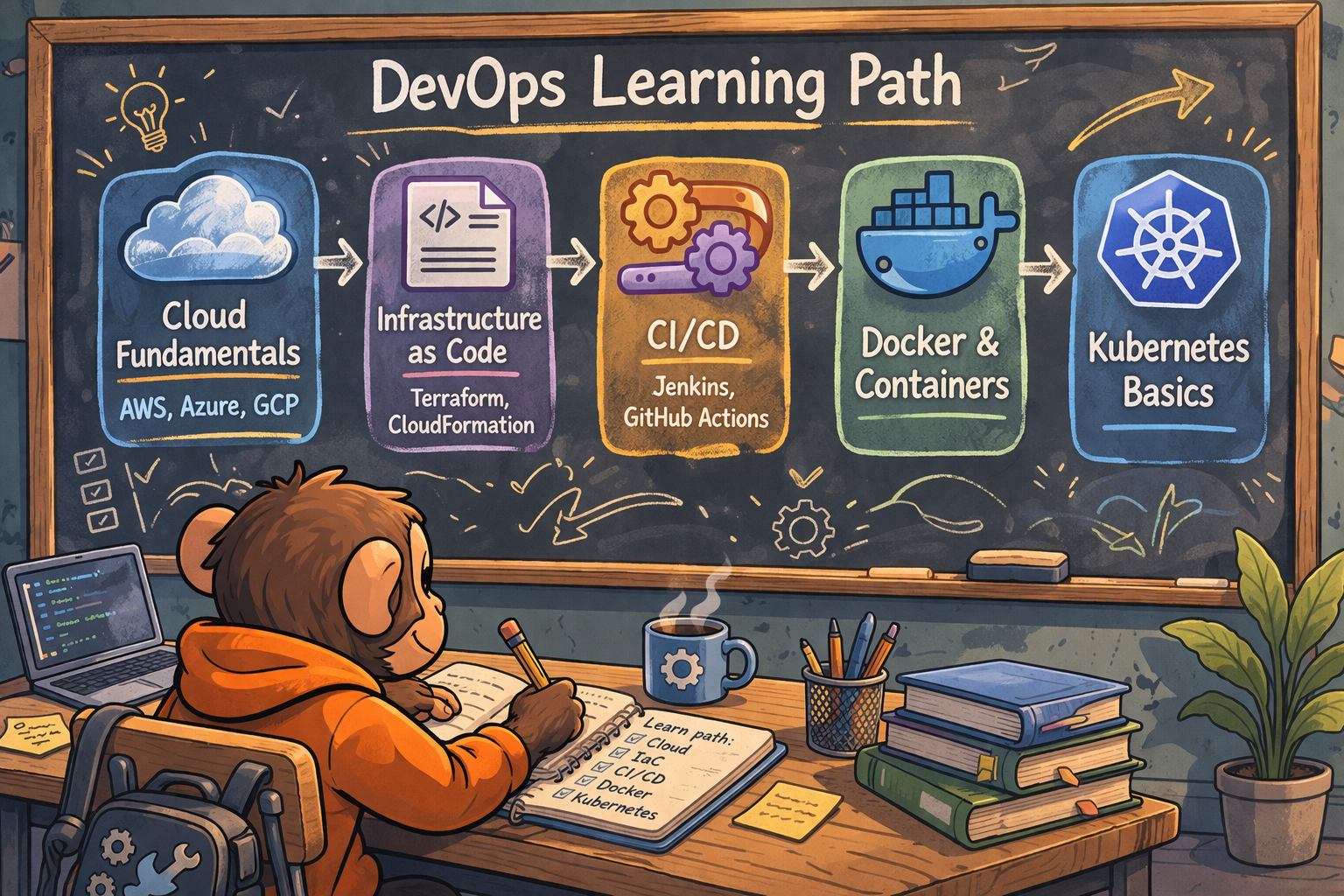 A DevOps engineer sitting comfortably, sipping coffee, and reading a blackboard with a flowchart: Cloud → IaC → CI/CD → Docker → Kubernetes. The mood is relaxed and curious, as if the engineer is planning their next move, not climbing a mountain.